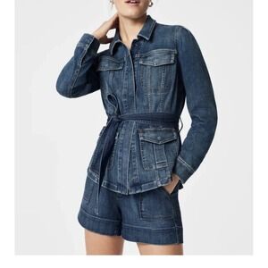 SPANX summer Denim shacket in twilight indigo tie‎ jacket size Small